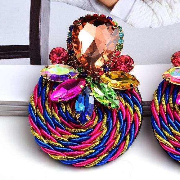 Multicolor Ethnic Boho Rhinestone Statement Earrings‎ with Gold Wrap Acce… - Picture 4 of 9